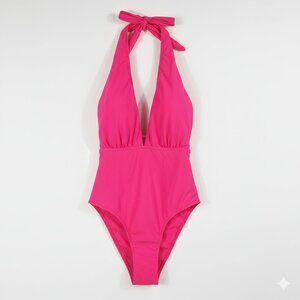 NWT Cupshe Pink One Piece Swimsuit Plunging Halter Ruched Bathing Suit Large